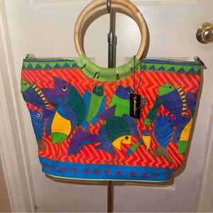 Laurel Burch Colorful Fish Canvas Tote Bag Bamboo Handles And Wooden Charm